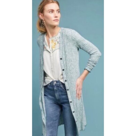 Anthropologie Sweaters - Anthropologie Akemi Kin Duster Size Large Long Cardigan Sweater Green White 023